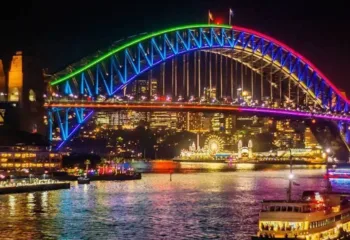 sydney habour bridge lite up for Vivid light show